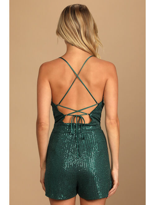 Lulus Mesmerizing Beauty Emerald Green Sequin Lace-Up Romper