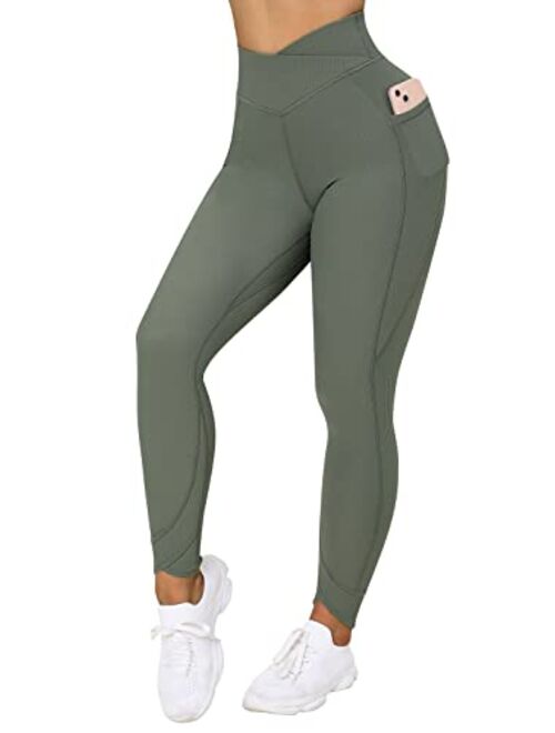 MOOSLOVER Women V Cross Waist Butt Lifting Leggings with Pockets High Waisted Yoga Pants