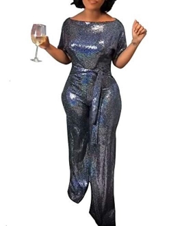 JOSUSY Women's Sequin Sparkly Off Shoulder Bodycon Wide Leg Jumpsuits Rompers with Belt