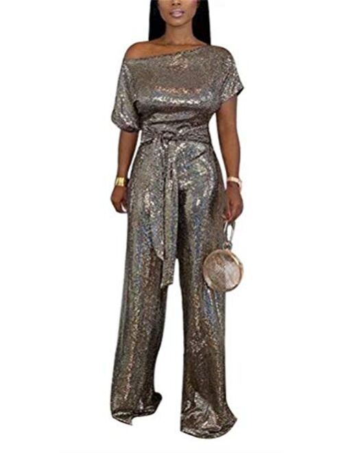 JOSUSY Women's Sequin Sparkly Off Shoulder Bodycon Wide Leg Jumpsuits Rompers with Belt