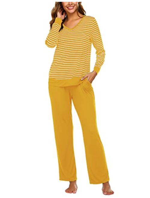 Ekouaer Women's Pajama Set Long Sleeve Sleepwear 2 Piece Pajamas Soft Loungewear Striped Pjs Lounge Set with Pocket