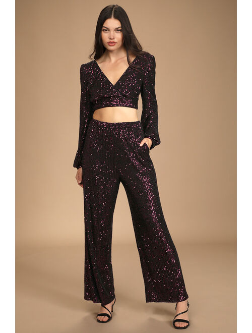 Lulus Premiere Moment Purple Sequin Long Sleeve Two-Piece Jumpsuit