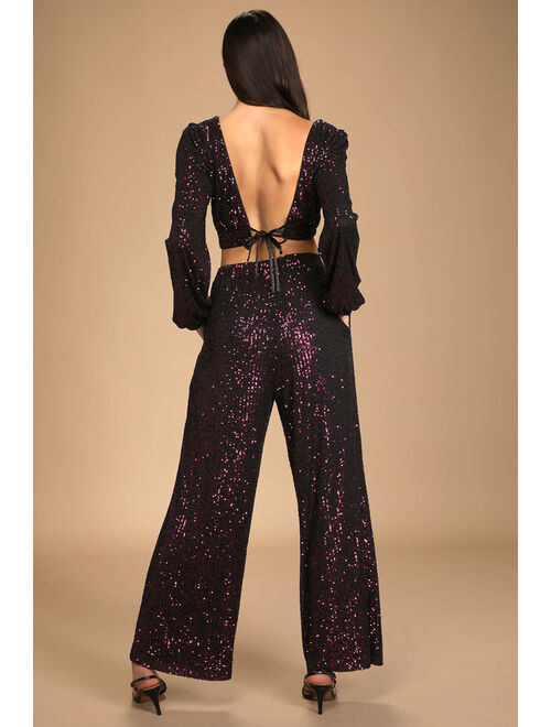 Lulus Premiere Moment Purple Sequin Long Sleeve Two-Piece Jumpsuit