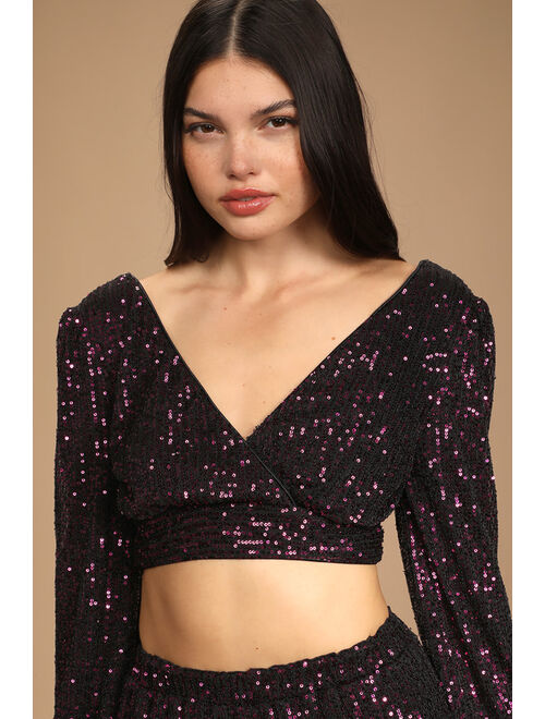 Lulus Premiere Moment Purple Sequin Long Sleeve Two-Piece Jumpsuit