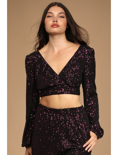 Lulus Premiere Moment Purple Sequin Long Sleeve Two-Piece Jumpsuit