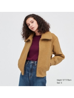 WOMEN PILE-LINED FLEECE CROPPED FULL-ZIP LONG-SLEEVE JACKET