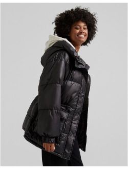 oversized nylon padded jacket with hood in black