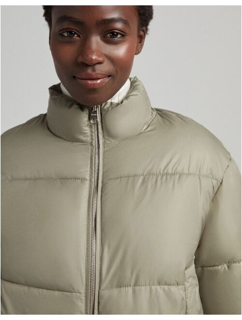 Bershka nylon cropped puffer jacket in khaki