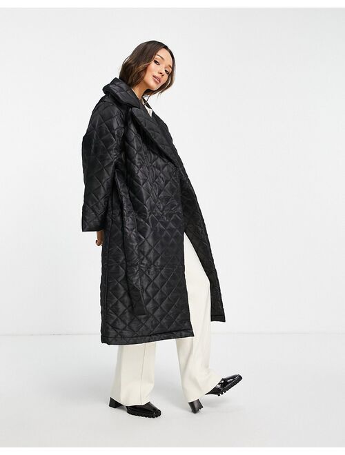 Asos Design quilted padded trench coat with belt in black