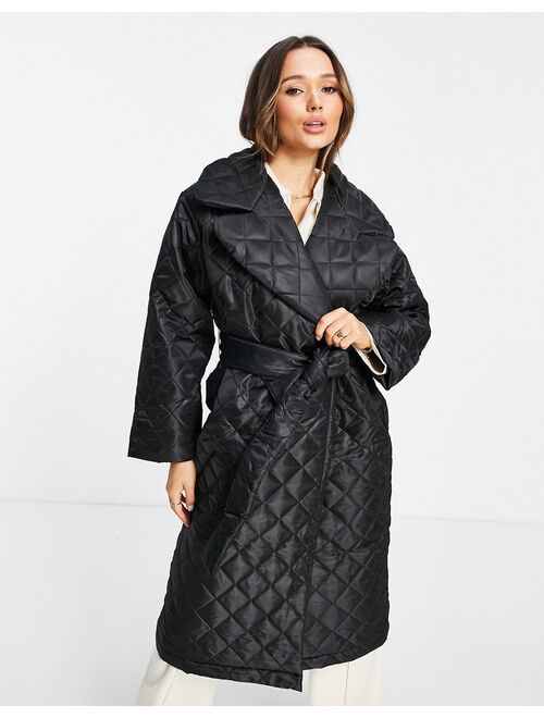 Asos Design quilted padded trench coat with belt in black