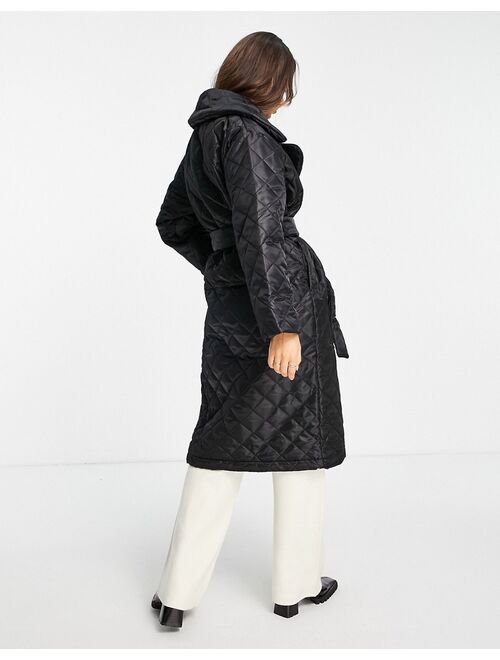 Asos Design quilted padded trench coat with belt in black