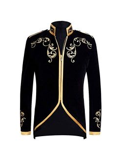 PYJTRL Mens Stylish Court Prince Black Velvet Gold Embroidery Blazer Suit Jacket