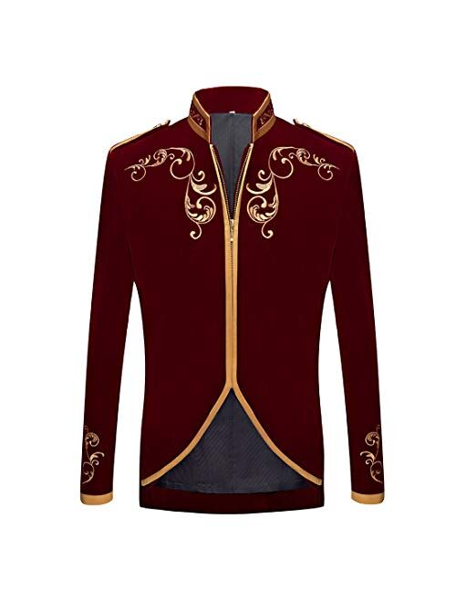 PYJTRL Mens Stylish Court Prince Black Velvet Gold Embroidery Blazer Suit Jacket