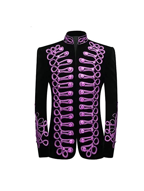 PYJTRL Mens Stylish Court Prince Black Velvet Gold Embroidery Blazer Suit Jacket