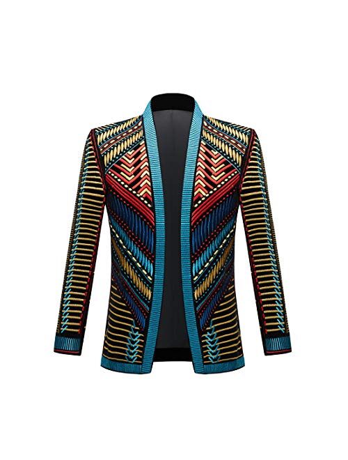 PYJTRL Mens Stylish Court Prince Black Velvet Gold Embroidery Blazer Suit Jacket