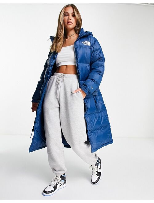 The North Face Nuptse Belted long puffer coat in blue