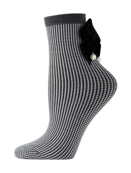 MeMoi Houndstooth Imitation Pearl Bow Women's Anklet Socks