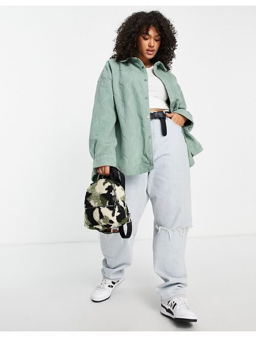 Asos Design Curve fleece wavy quilted shacket in khaki