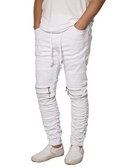 URBANJ Men's Slim Fit Biker Jogger Pants with Shirring Detail S-5XL