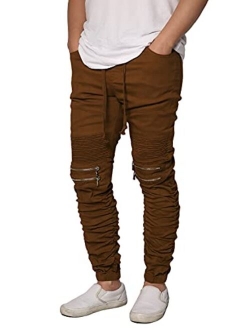 URBANJ Men's Slim Fit Biker Jogger Pants with Shirring Detail S-5XL