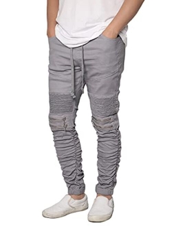 URBANJ Men's Slim Fit Biker Jogger Pants with Shirring Detail S-5XL