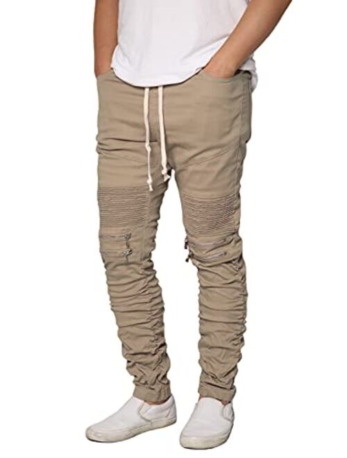 URBANJ Men's Slim Fit Biker Jogger Pants with Shirring Detail S-5XL