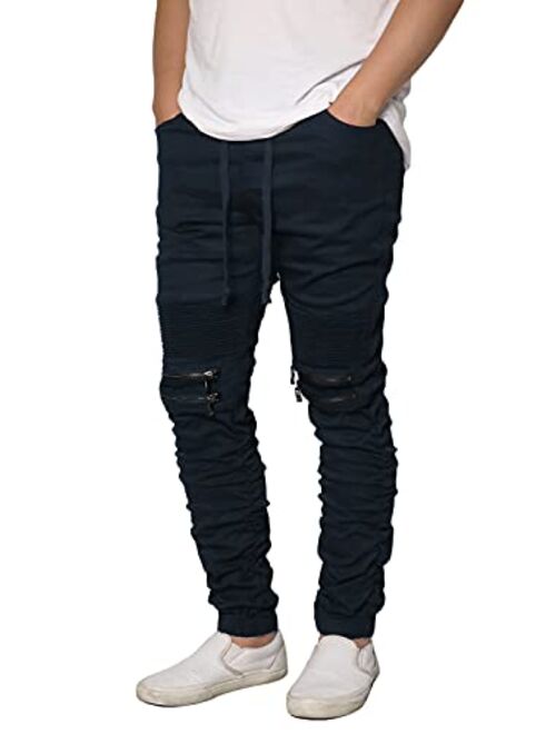 URBANJ Men's Slim Fit Biker Jogger Pants with Shirring Detail S-5XL