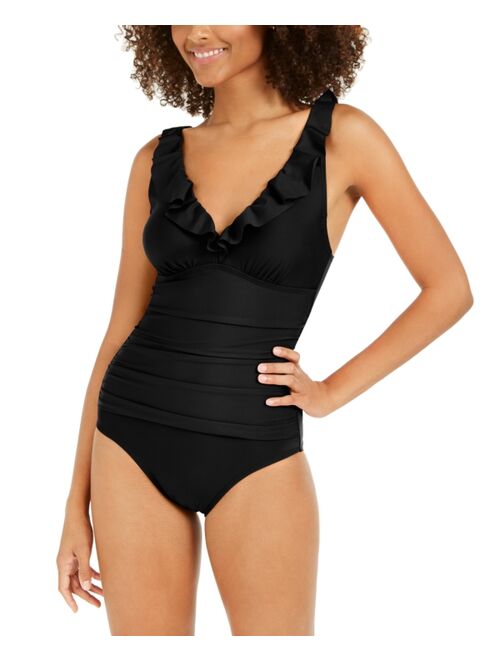 DKNY Ruffle Plunge Underwire Tummy Control One-Piece Swimsuit, Created for Macy's