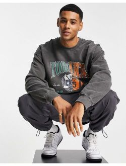 color block spliced sweat with varsity print in dark gray