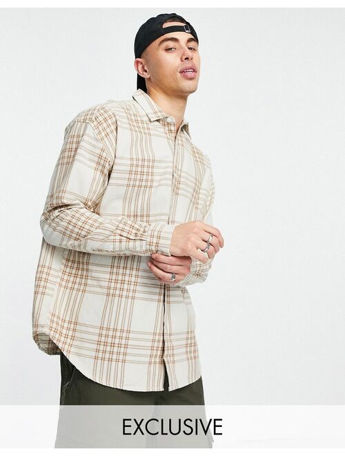 New Look long sleeve oversized check shirt in stone