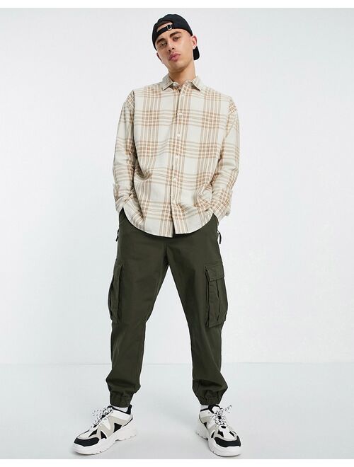 New Look long sleeve oversized check shirt in stone