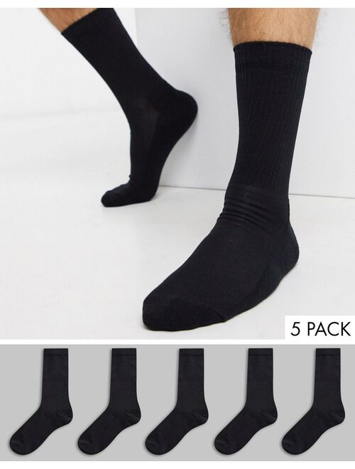 New Look ribbed 5 pack sport socks in black