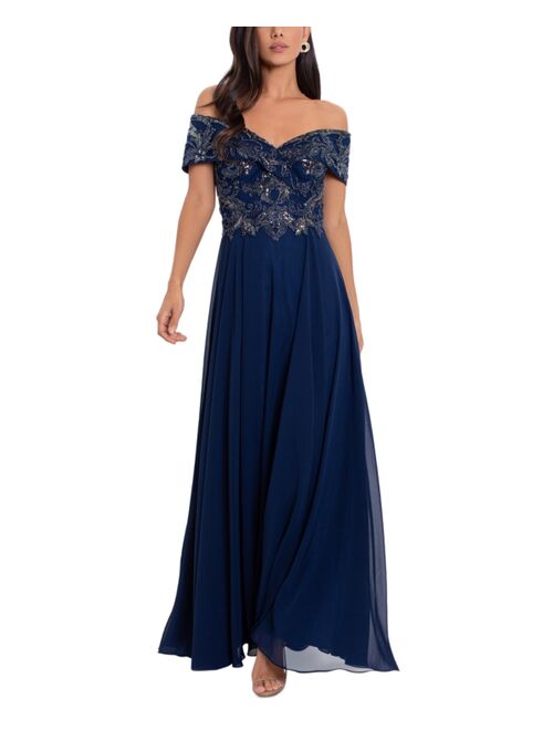 Xscape Beaded Off-The-Shoulder Gown