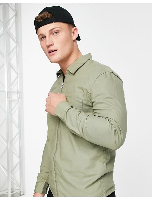 New Look zip up overshirt in khaki