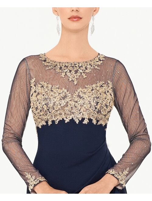 Xscape Petite Embellished Illusion-Bodice Ruched Gown