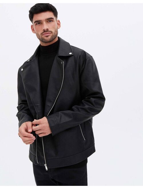 New Look oversized faux leather biker jacket in black