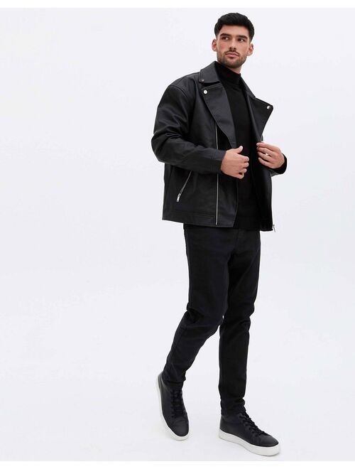 New Look oversized faux leather biker jacket in black