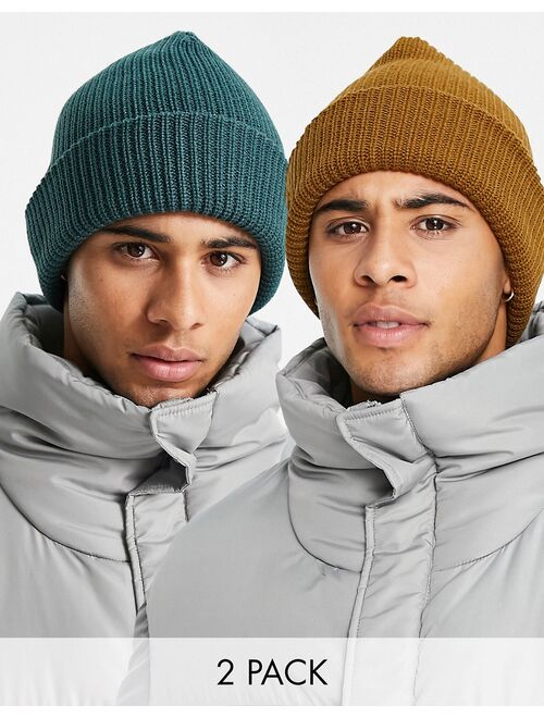 New Look 2 pack fisherman beanie in tan and dark green