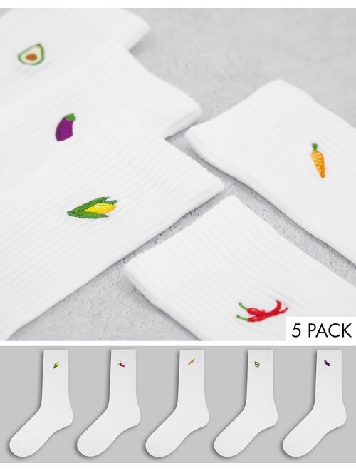 New Look 5-pack socks with vegetable embroidery in white