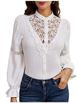 Women Retro Long Sleeve Lace Blouses Victorian Hollow Out Button Down Shirt Tees