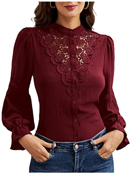 GRACE KARIN Women Retro Long Sleeve Lace Blouses Victorian Hollow Out Button Down Shirt Tees