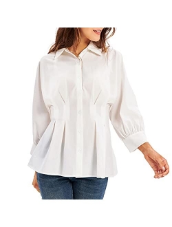 Women's Peplum Blouse Button Down Shirt Tops 3/4 Batwing Sleeve V Neck Slim Fit Shirtdress