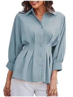 Women's Peplum Blouse Button Down Shirt Tops 3/4 Batwing Sleeve V Neck Slim Fit Shirtdress