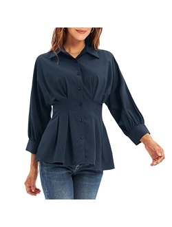 Women's Peplum Blouse Button Down Shirt Tops 3/4 Batwing Sleeve V Neck Slim Fit Shirtdress