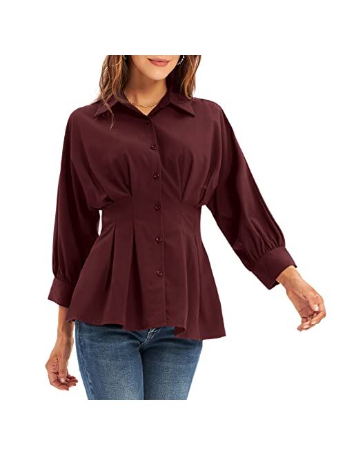 GRACE KARIN Women's Peplum Blouse Button Down Shirt Tops 3/4 Batwing Sleeve V Neck Slim Fit Shirtdress