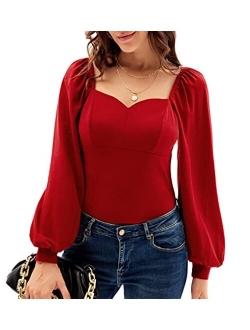 Women's Lantern Long Sleeve Blouse Retro Slim Fit Sweetheart Neckline Shirt Tops Vintage