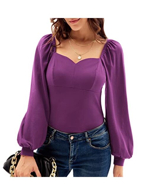 GRACE KARIN Women's Lantern Long Sleeve Blouse Retro Slim Fit Sweetheart Neckline Shirt Tops Vintage