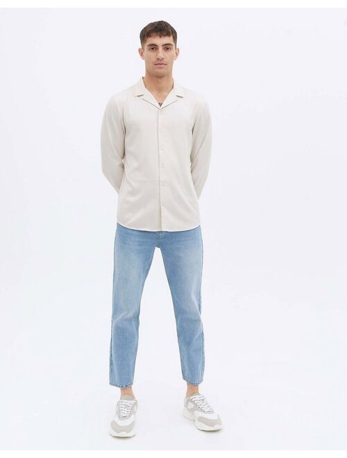 New Look long sleeve satin shirt with revere collar in off white