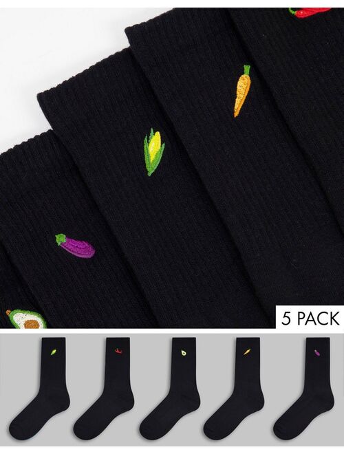 New Look 5 pack socks with veg embroidery in black