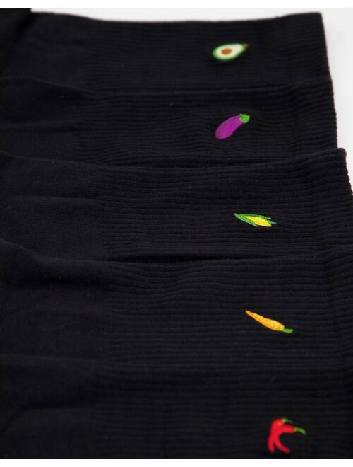 New Look 5 pack socks with veg embroidery in black